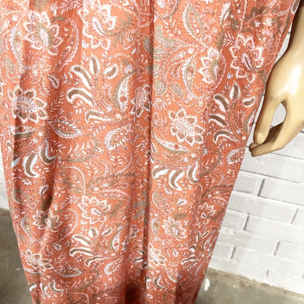 J.Jill Paisley Print Midi Dress Rust Orange Button Neck Ruffle Collar - Size XL - Picture 8 of 8